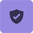 Purple shield icon with a dark checkmark in the centre, set against a light purple square background.