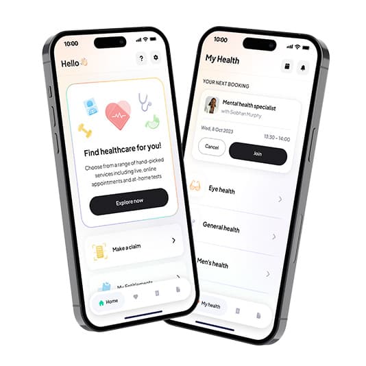 Two smartphones showing a healthcare app UI with booking details and service categories (eye, general, men's health).