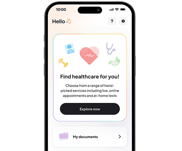 Smartphone displaying a healthcare app interface with icons for medical services, a heart symbol, and a button labeled "Explore now."