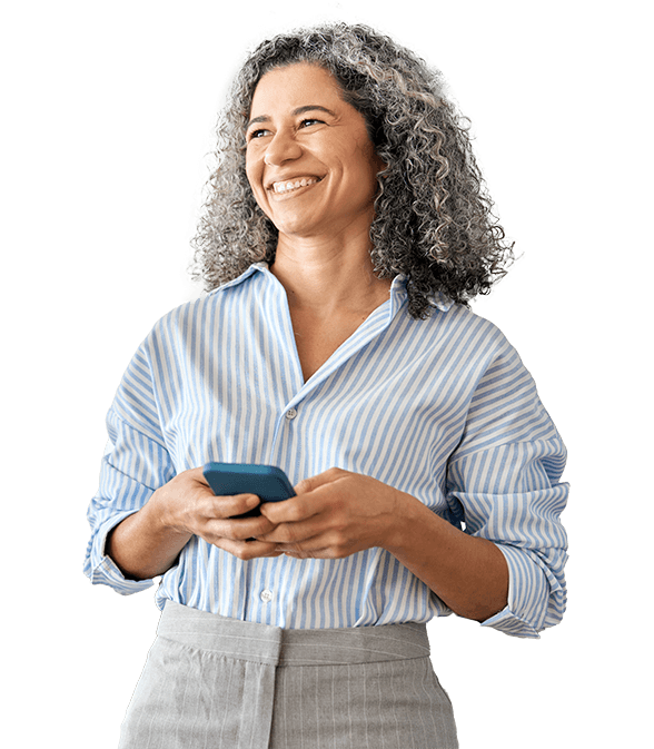 Lading smiling holding mobile phone